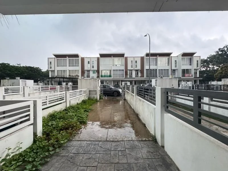 Exterior type: linked terrace house; features: two-storey building, white painted facade, glass windows, balconies on upper floor, concrete driveway, manicured landscaping, paved walkway, surrounded by greenery, car parked in driveway, street lamp, fenced perimeter; style: modern.
