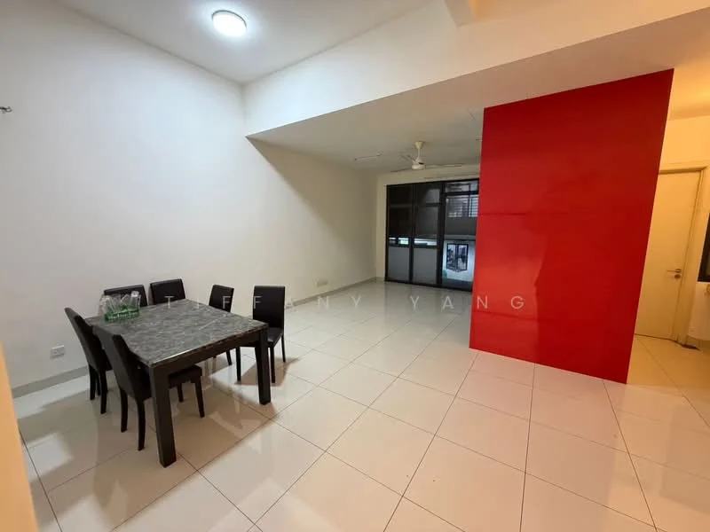 Dining features: 6-seater dining table with grey marble top, black dining chairs, white tiled flooring, red accent wall, ceiling light, wall-mounted ceiling fan, large window with sheer curtains, open layout to living area; style: modern. Room features: white painted walls, sliding glass door, neutral decor.