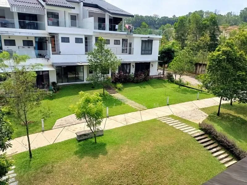 Exterior type: linked terrace house; features: manicured lawn, mature trees, stone-paved walkway, two-storey building, balconies on upper level, garden area, pathway lighting, surrounded by greenery; style: modern.