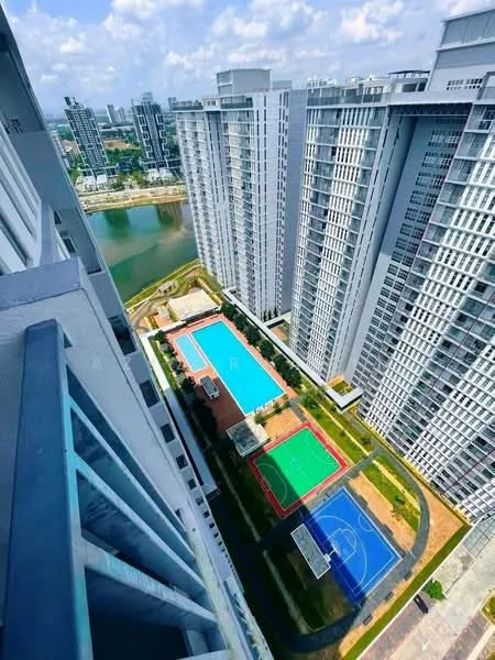 Exterior type: high-rise condominium; features: swimming pool, children's playground, basketball court, tennis court, landscape garden, manicured lawn, surrounded by mature greenery, waterfront view, multiple high-rise buildings, urban skyline in background; style: modern.