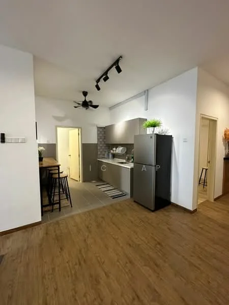 Kitchen features: grey cabinetry, stainless-steel fridge, 4-burner gas hob, built-in oven, single-bowl stainless-steel sink, chrome pull-down faucet, white subway tile backsplash, countertop with bar seating, pendant light, 5-blade ceiling fan, wooden flooring, open shelving; style: modern. Dining features: bar-height dining table, black metal stools; style: modern.