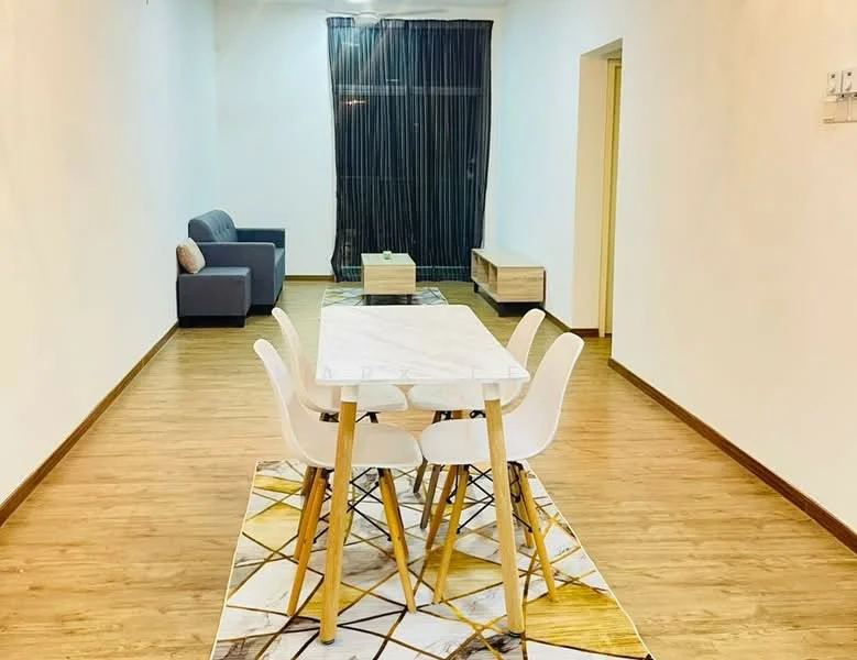 Dining features: white marble dining table, 4 white dining chairs, area rug with geometric pattern, wooden flooring, wall-mounted TV console, grey fabric sofa, floor-to-ceiling window with sheer curtains, decorative wall panel; style: modern. Living features: grey fabric sofa, wooden flooring, wall-mounted TV console, decorative wall panel; style: modern.