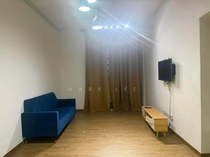 Living features: blue fabric sofa, wooden TV console, wall-mounted TV, brown curtains, recessed downlights, laminate flooring, white painted walls, decorative wall paneling; style: modern.