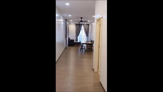 Room features: laminate flooring, white painted walls, 5-blade ceiling fan, dining table with chairs, curtains, sofa, recessed downlights, doorway, natural light from window; style: modern.