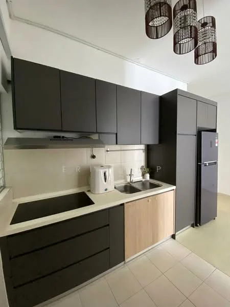 Kitchen features: black cabinetry, wooden lower cabinets, white countertop, single-bowl stainless-steel sink, chrome pull-down faucet, built-in stove with hood, stainless-steel fridge, ceramic tile flooring, recessed downlights, pendant lighting, window above sink; style: modern.