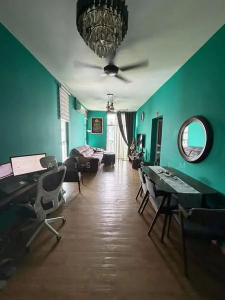 Living features: teal painted walls, wooden flooring, 5-blade ceiling fan with light, chandelier, sofa with cushions, coffee table, desk with computer setup, dining table with chairs, floor-to-ceiling windows with sheer curtains, blackout curtains; style: modern.