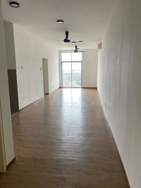 Room features: light wood laminate flooring, white painted walls, 2 ceiling fans, large sliding glass door, balcony access, natural light from windows, neutral color scheme, open layout; style: modern; view: city.