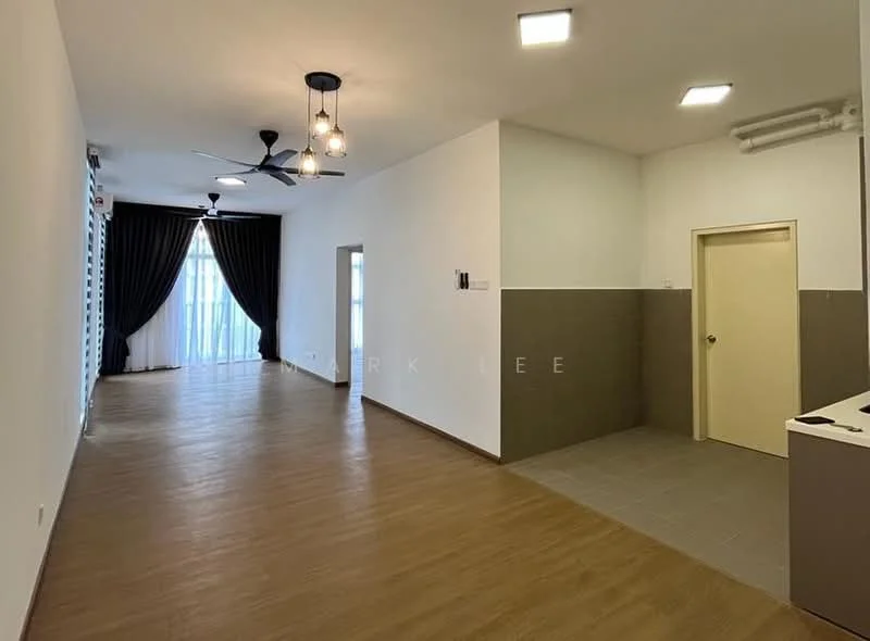 Living features: laminate flooring, 5-blade ceiling fan with light, recessed LED downlights, floor-to-ceiling windows, blackout curtains, neutral painted walls, open layout, area rug; style: modern. Room features: laminate flooring, neutral painted walls, door leading to another room, wall-mounted AC unit.