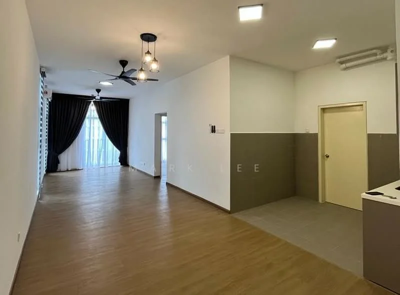 Living features: wooden flooring, white painted walls, ceiling fan with light, recessed LED downlights, floor-to-ceiling windows, blackout curtains, open layout, neutral color scheme; style: modern. Hallway features: grey tiled flooring, white painted walls, doorway leading to another room, light switch, neutral color scheme; style: modern.