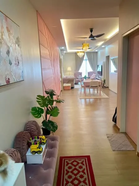 Room features: pink accent wall with geometric design, light wood flooring, recessed ceiling lights, 5-blade ceiling fan, large windows with sheer curtains, dining table with chairs, decorative wall art, indoor plant, sofa set, area rug with geometric pattern, console table, toys on console table; style: modern.