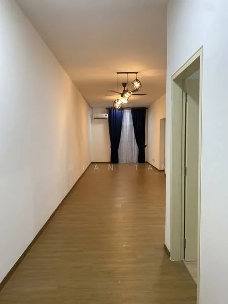 Room features: light wood laminate flooring, white painted walls, 5-blade ceiling fan with light, wall-mounted split AC, floor-to-ceiling windows with sheer curtains, recessed lighting, doorway leading to another room; style: modern.
