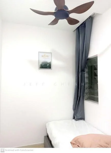 Room features: white painted walls, light-colored flooring, 5-blade ceiling fan, grey curtains, single bed, framed artwork on wall, window with view, bedside table; style: modern.