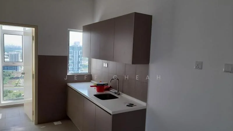 Kitchen features: white countertop, single-bowl stainless-steel sink, chrome pull-down faucet, brown cabinetry, wall-mounted cabinets, window with city view, tile backsplash, grey tile flooring; style: modern; view: city.