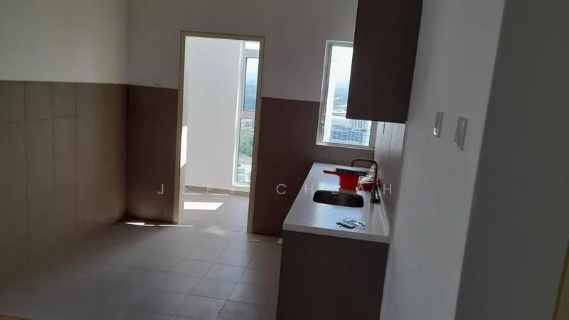 Kitchen features: white painted walls, brown tiled walls, light-colored tile flooring, single-bowl stainless-steel sink, chrome pull-down faucet, kitchen countertop, cabinets with flat-panel design, window with city view; style: modern; view: city. Room features: door leading to another room, natural light from window.