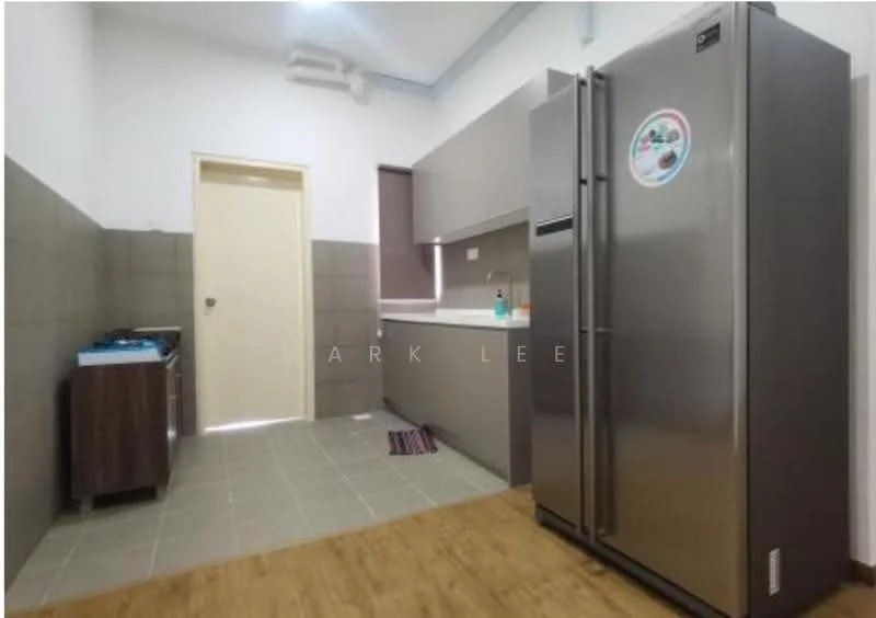 Kitchen features: stainless-steel fridge, built-in kitchen cabinets, white countertop, gas stove with 4 burners, grey tiled backsplash, grey wall tiles, wooden flooring, single-bowl stainless-steel sink, window for natural light, door leading to hallway; style: modern.
