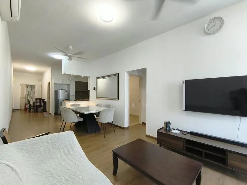 Living features: light wood laminate flooring, white painted walls, 5-blade ceiling fan with light, wall-mounted TV, TV console, coffee table, decorative mirror, area rug, sofa, dining area with dining table and chairs; style: modern. Kitchen features: stainless-steel fridge, kitchen island, white cabinetry, countertop with seating; style: modern.
