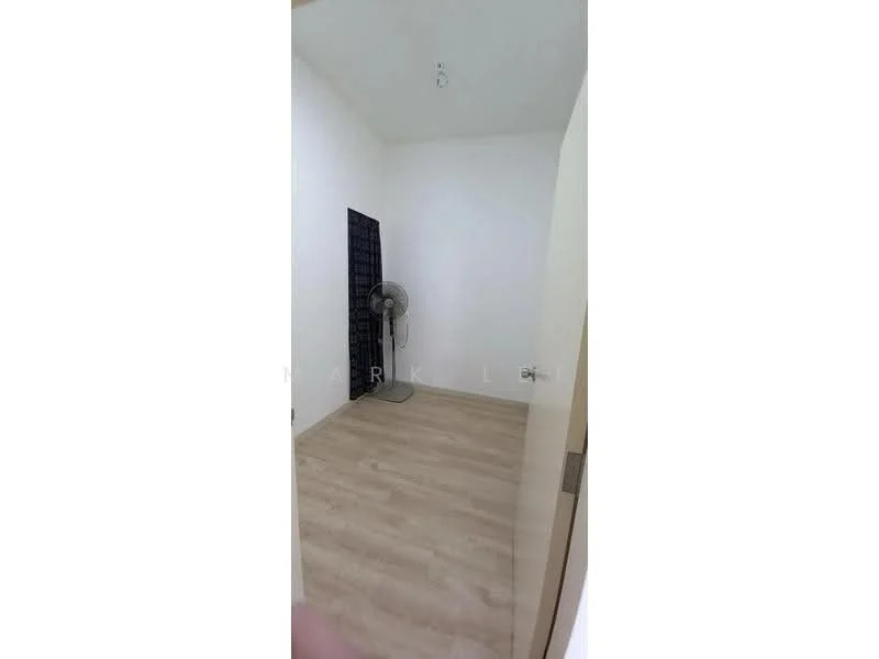 Room features: light wood laminate flooring, white painted walls, ceiling fan, single window, minimal decor; style: minimalist.