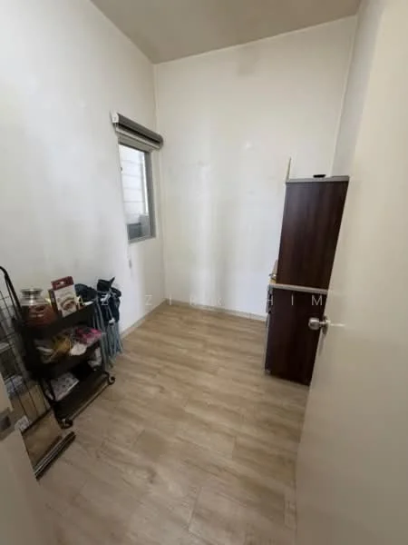 Room features: light wood laminate flooring, white painted walls, window with blinds, wooden cabinet, shelving unit, minimal decor; style: minimalist.