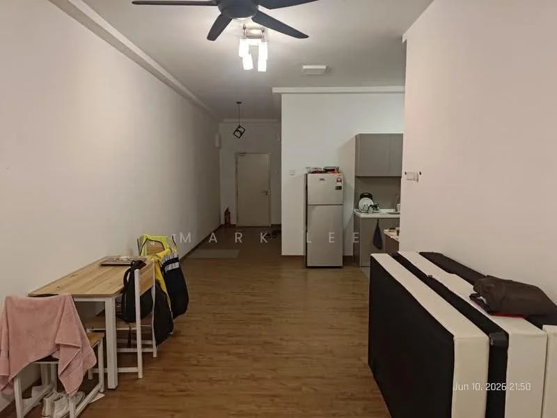 Living features: laminate flooring, white painted walls, 5-blade ceiling fan, refrigerator, dining table with chairs, sofa, kitchen area with cabinets, kitchen countertop; style: modern.