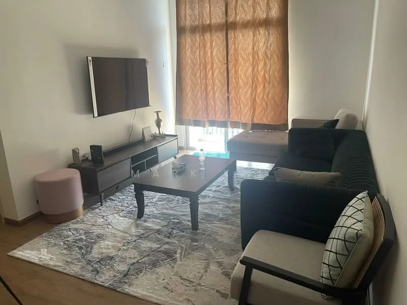 Living features: 3-seater fabric sofa in black, 2-seater fabric sofa in beige, wooden coffee table, TV console, wall-mounted TV, area rug with abstract pattern, large window with sheer curtains, wooden flooring, decorative cushions, decorative figurine on console; style: modern.