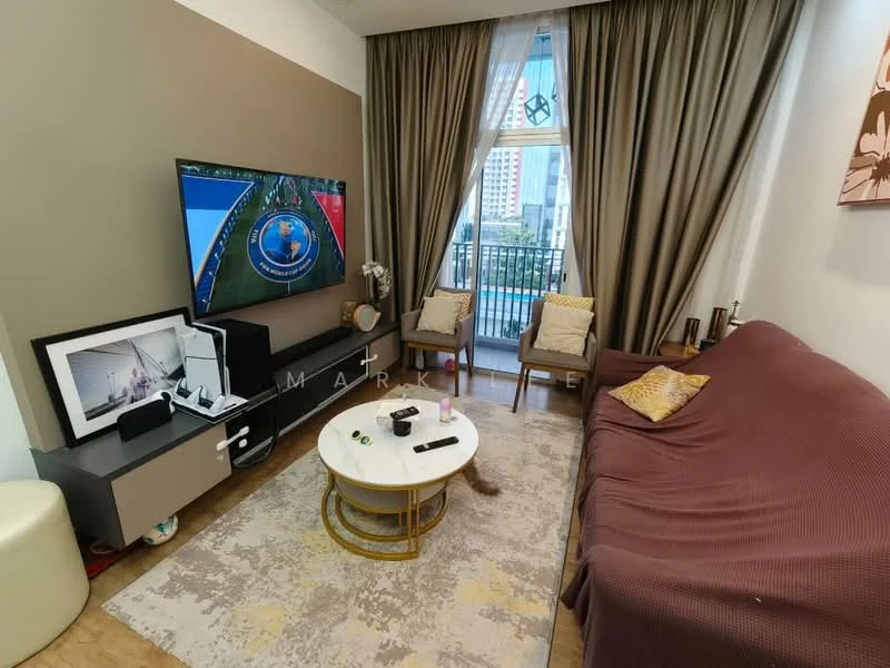 Living features: brown fabric sofa, round coffee table with gold base, TV console with storage, wall-mounted flat-screen TV, area rug with geometric pattern, curtains in beige, decorative wall art, two accent chairs, potted plant, wooden flooring; style: contemporary; view: city.