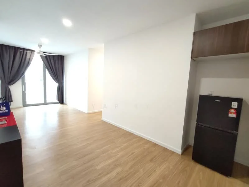 Living features: laminate flooring, white painted walls, 5-blade ceiling fan with light, floor-to-ceiling windows, black fridge, curtains, natural light, open layout; style: modern.