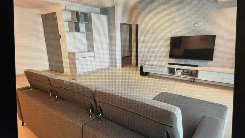 Living features: grey fabric sofa, flat-screen TV on wall-mounted console, light wood flooring, white wall with grey accent wall, built-in shelving unit, white cabinetry, recessed downlights, open layout, large windows, minimalist decor; style: modern.
