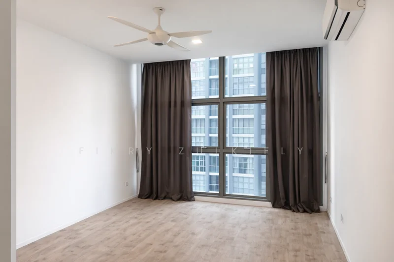 Room features: white painted walls, laminate flooring, 5-blade ceiling fan with light, floor-to-ceiling windows, dark grey curtains, air conditioning unit; style: modern; view: city.