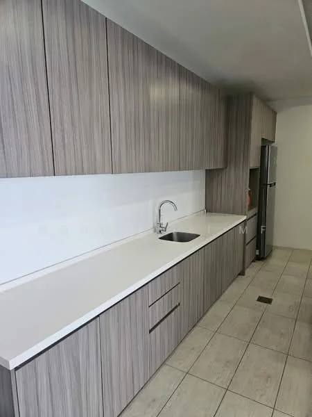 Kitchen features: laminate cabinetry in wood finish, white quartz countertop, single-bowl stainless-steel sink, chrome pull-down faucet, built-in refrigerator, ceramic tile flooring, white tiled backsplash, under-cabinet lighting; style: modern.