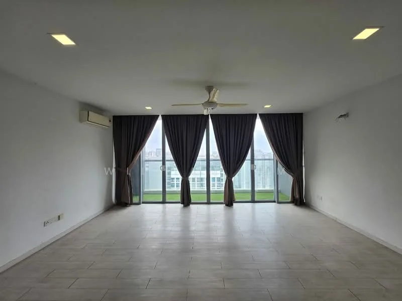 Living features: white painted walls, tile flooring, 5-blade ceiling fan with light, floor-to-ceiling windows, grey curtains, air conditioning unit, view of city skyline; style: modern; view: city.