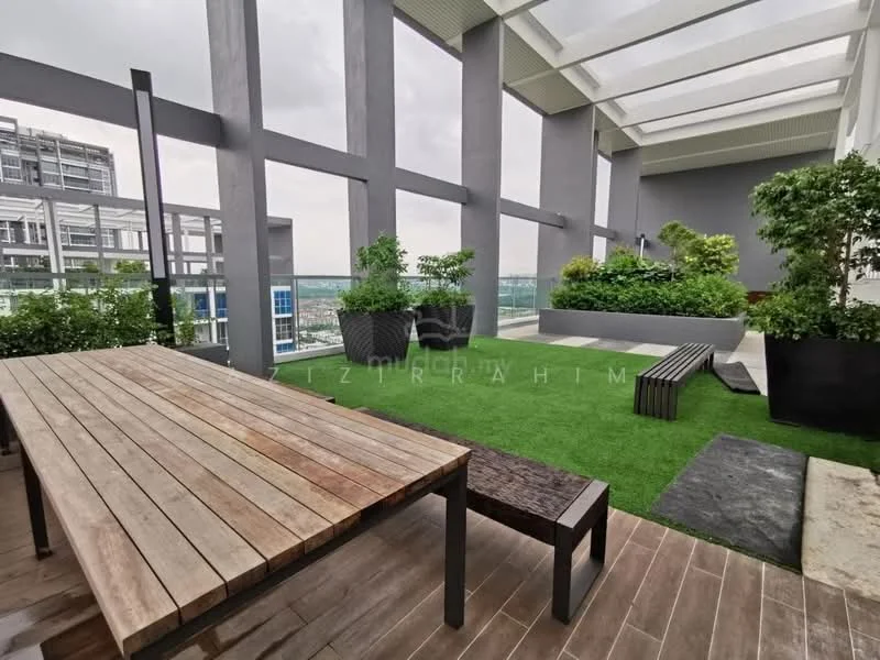 Exterior features: outdoor dining table made of wood, wooden benches, artificial grass flooring, planters with greenery, glass railing, covered area with skylights, concrete flooring, landscaped garden area; style: modern.