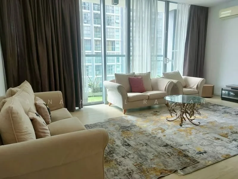 Living features: 2 beige fabric sofas, decorative cushions, glass coffee table, area rug with geometric pattern, floor-to-ceiling windows, sheer curtains, wooden flooring, wall-mounted TV unit, potted plant visible outside; style: modern; view: city.