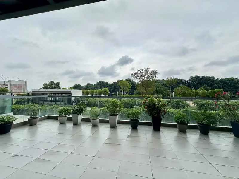 Room features: large outdoor terrace, ceramic tile flooring, glass railing, potted plants, greenery view, cloudy sky; style: modern; view: garden.
