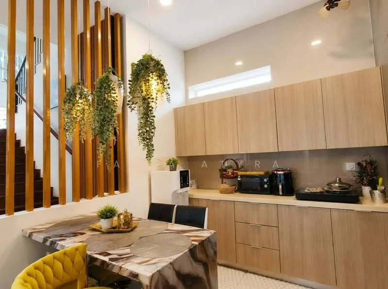 Kitchen features: wood cabinetry, marble dining table, yellow upholstered dining chairs, stainless-steel fridge, built-in oven, black countertop, kitchen sink, wall-mounted cabinets, decorative hanging plants, recessed lighting, white tiled backsplash, open shelving, stainless-steel gas hob, exposed wooden slats, textured wall finish; style: modern.