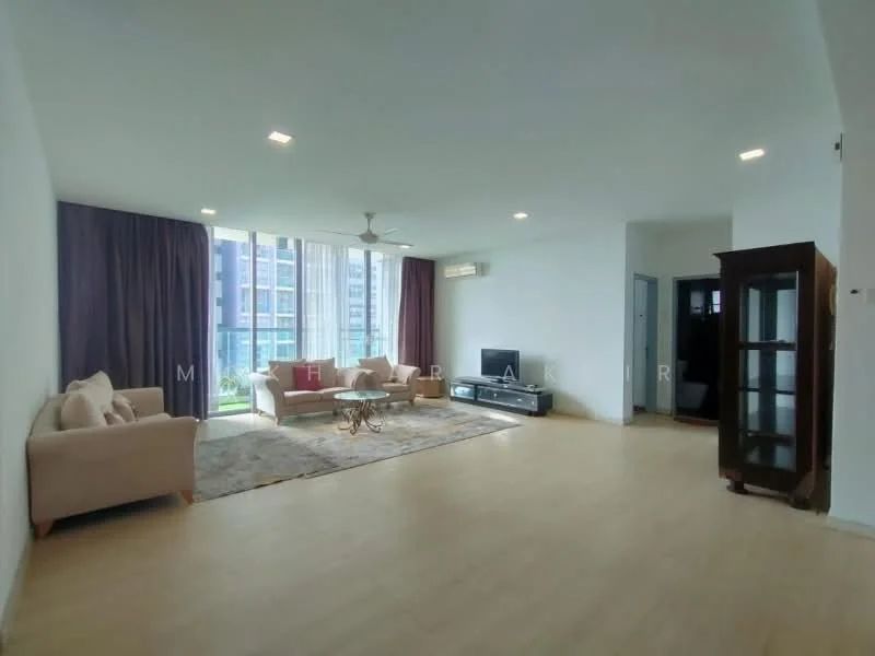 Living features: light wood flooring, white painted walls, floor-to-ceiling windows, sheer curtains, dark brown curtains, 5-blade ceiling fan with light, 2-seater fabric sofa in beige, 3-seater fabric sofa in beige, coffee table with decorative design, TV console, wall-mounted TV, area rug with geometric pattern, decorative wall unit; style: modern; view: city.