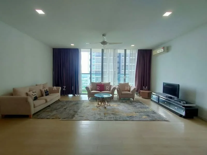 Living features: 3-seater fabric sofa in beige, 2 armchairs in beige, coffee table with circular top, area rug with geometric pattern, wall-mounted TV, TV console in dark wood, floor-to-ceiling windows, sheer curtains, dark purple curtains, ceiling fan, recessed LED downlights, light-colored walls, wooden flooring; style: modern; view: city.