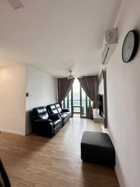 Living features: 3-seater leather sofa in black, wooden flooring, wall-mounted TV, ceiling fan, floor-to-ceiling windows, sheer curtains, recessed downlights, decorative wall clock, grey upholstered bench, air conditioning unit; style: modern; view: city.