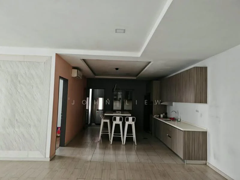 Kitchen features: white painted walls, grey accent wall, laminate cabinetry in wood finish, marble countertop, stainless-steel sink, chrome pull-down faucet, built-in oven, freestanding range oven, refrigerator, 3 high stools, recessed downlights, tile flooring; style: modern. Room features: open layout, dining area, living area, air conditioning unit.