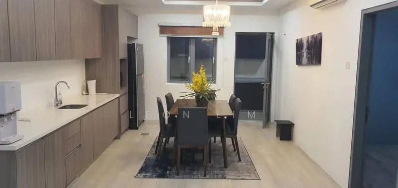 Kitchen features: white cabinetry, grey countertop, single-bowl stainless-steel sink, chrome pull-down faucet, built-in refrigerator, wall-mounted microwave, ceramic tile flooring, recessed downlights; style: modern. Dining features: 6-seater dining table, upholstered dining chairs, decorative centerpiece with yellow flowers, area rug, chandelier, wall-mounted artwork, laminate flooring, large window; style: modern.
