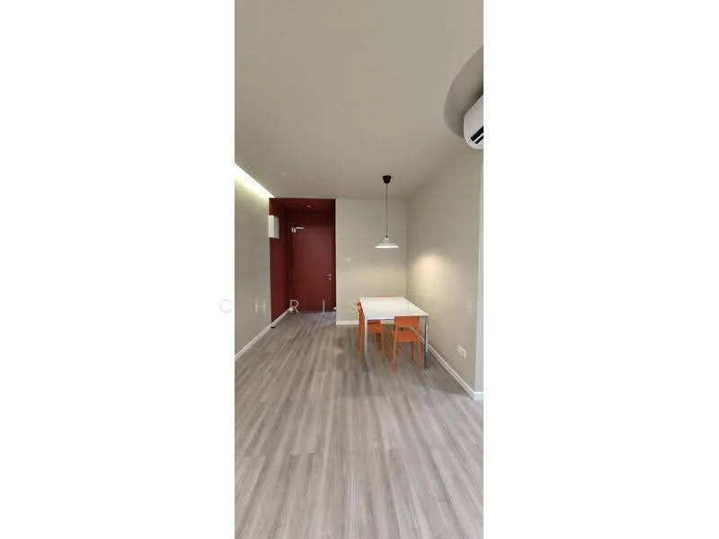 Dining features: light wood laminate flooring, plain beige painted walls, recessed LED downlights, white pendant lamp, white dining table, orange dining chairs, air conditioning unit on wall, doorway leading to another room; style: modern.