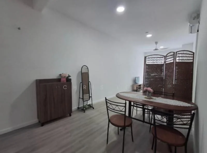 Dining features: white painted walls, laminate flooring, 5-blade ceiling fan with light, round dining table, 3 dining chairs, wooden sideboard, decorative plant on table, room divider screen; style: modern.