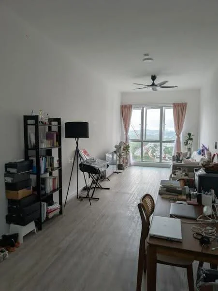 Living features: light wood flooring, white painted walls, 5-blade ceiling fan with light, floor-to-ceiling windows, sheer curtains, black floor lamp, bookshelf with open shelving, dining table with chairs, computer desk with laptop, decorative plants; style: modern; view: city.
