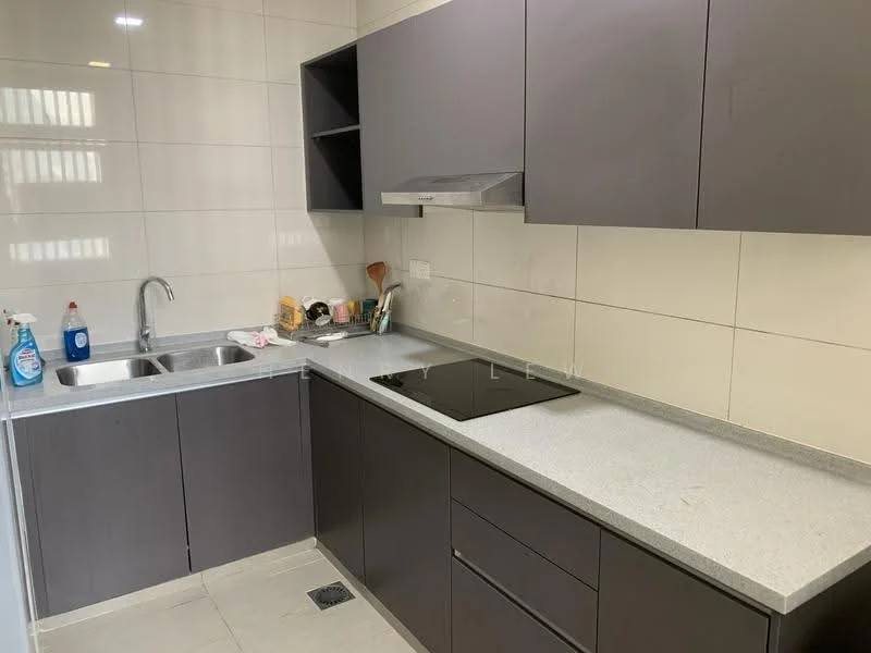Kitchen features: grey flat-panel cabinets, stainless-steel sink, chrome pull-down faucet, granite countertop, built-in induction hob, wall-mounted range hood, white tiled backsplash, ceramic tile flooring, open shelving, kitchen utensils visible; style: modern.