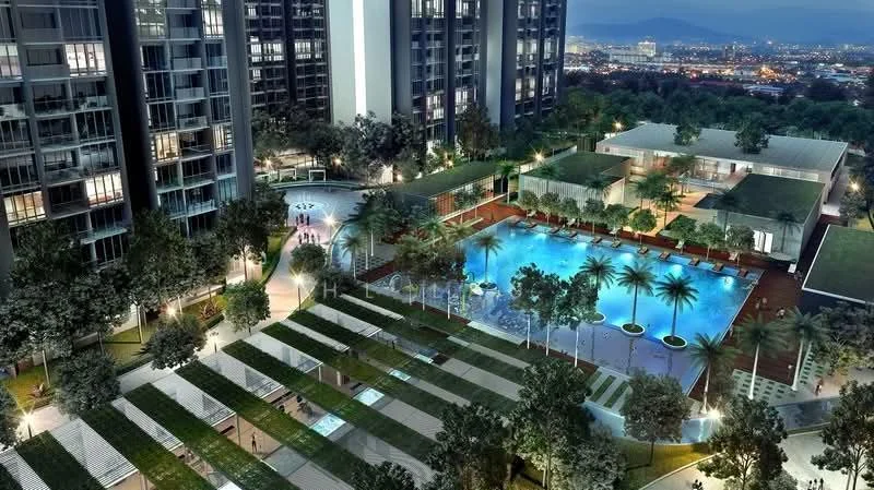 Exterior type: high-rise condominium; features: infinity pool, pool deck with loungers, landscape garden, manicured lawn, palm trees, outdoor dining pavilion, children's playground, jogging track, clubhouse, modern architecture, surrounded by mature greenery, city skyline in background; style: modern.