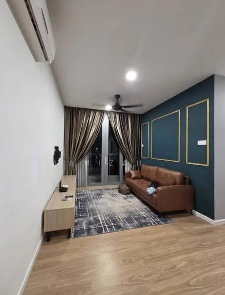 Living features: brown leather sofa, wooden TV console, area rug with geometric pattern, floor-to-ceiling windows, sheer curtains, dark green accent wall, light grey painted walls, 5-blade ceiling fan, wall-mounted TV, wooden flooring, decorative wall frames; style: modern.