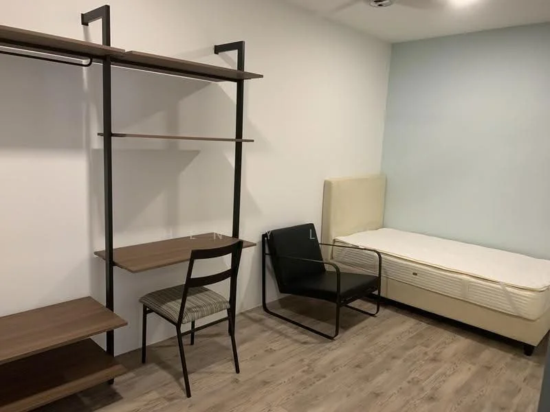 Bedroom features: single bed frame without mattress, black metal bed frame, wooden shelving unit, desk with wooden top, black chair with metal frame, laminate flooring, light-colored painted walls, ceiling fan; style: modern.