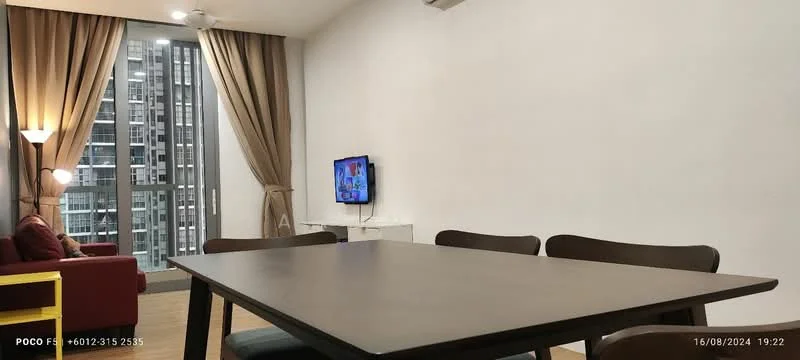 Dining features: wood dining table, 4 wooden dining chairs, floor-to-ceiling windows, sheer curtains, wall-mounted TV, light-colored walls, laminate flooring, ceiling fan, sofa in red fabric, decorative wall art; style: modern; view: city.