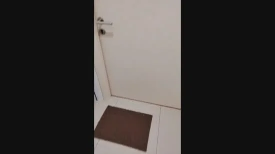 Room features: plain white walls, light-colored floor tiles, metal door handle, doormat; style: modern.