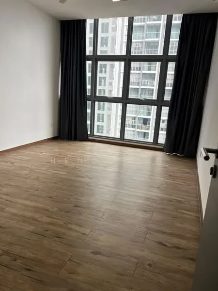 Room features: laminate flooring, white painted walls, floor-to-ceiling windows, blackout curtains, city view, ceiling fan; style: modern; view: city.
