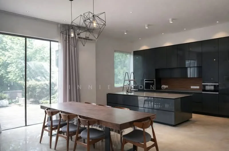 Dining features: 8-seater dining table, wooden dining chairs, pendant light fixture, floor-to-ceiling windows, grey curtains, black cabinetry, white countertop, built-in microwave, recessed downlights, open layout, stone flooring, kitchen island; style: modern; view: garden.